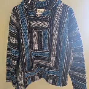 Baja-Style Hooded Pullover in Black, White & Teal